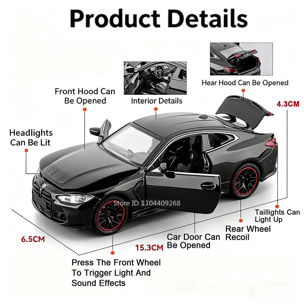 Scale 1:32 M4 X3M Toy Car Model Pull Back Music Light Doors Opened Miniature Vehicle Metal Diecast Models Kids Educational Gifts