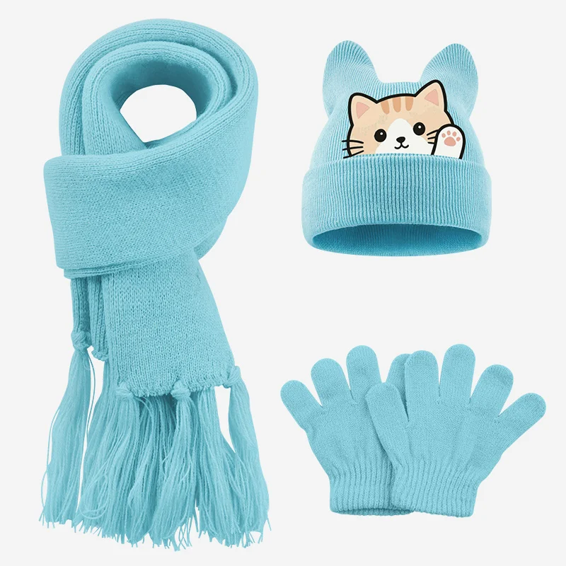 3pc 1-3Y Toddler Hat Scarf Gloves Set, Cat Print Knit Kids Winter Set, Casual Outdoor Warm Set for Boys Girls - view 6