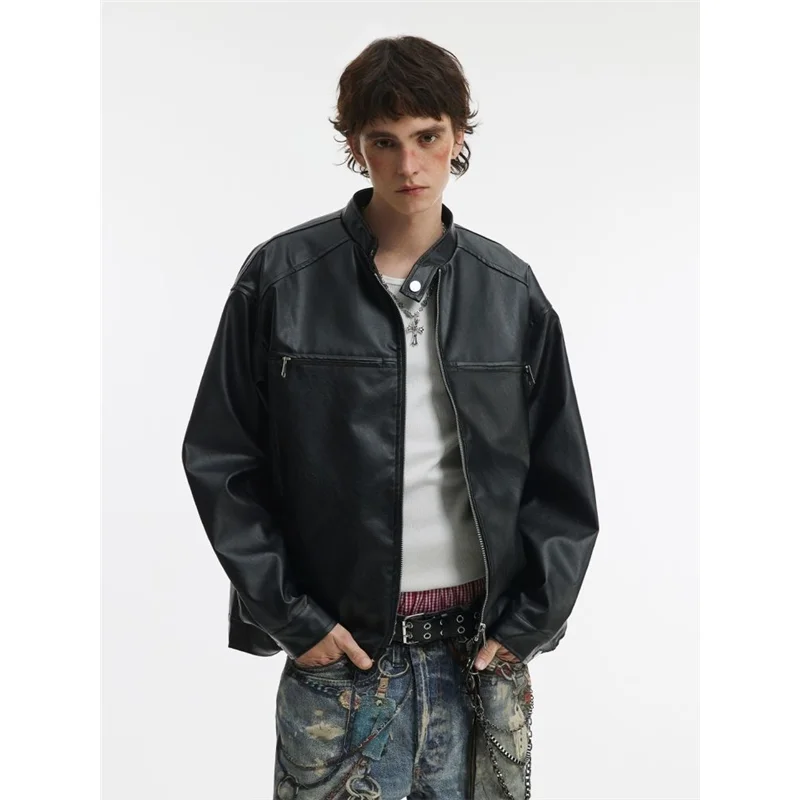 

Ретро-куртка в американском уличном стиле с воротником-стойкой и молнией, из искусственной кожи, мужская, весенне-осенняя, свободного кроя, мотоциклетная, для пар, верхняя одежда