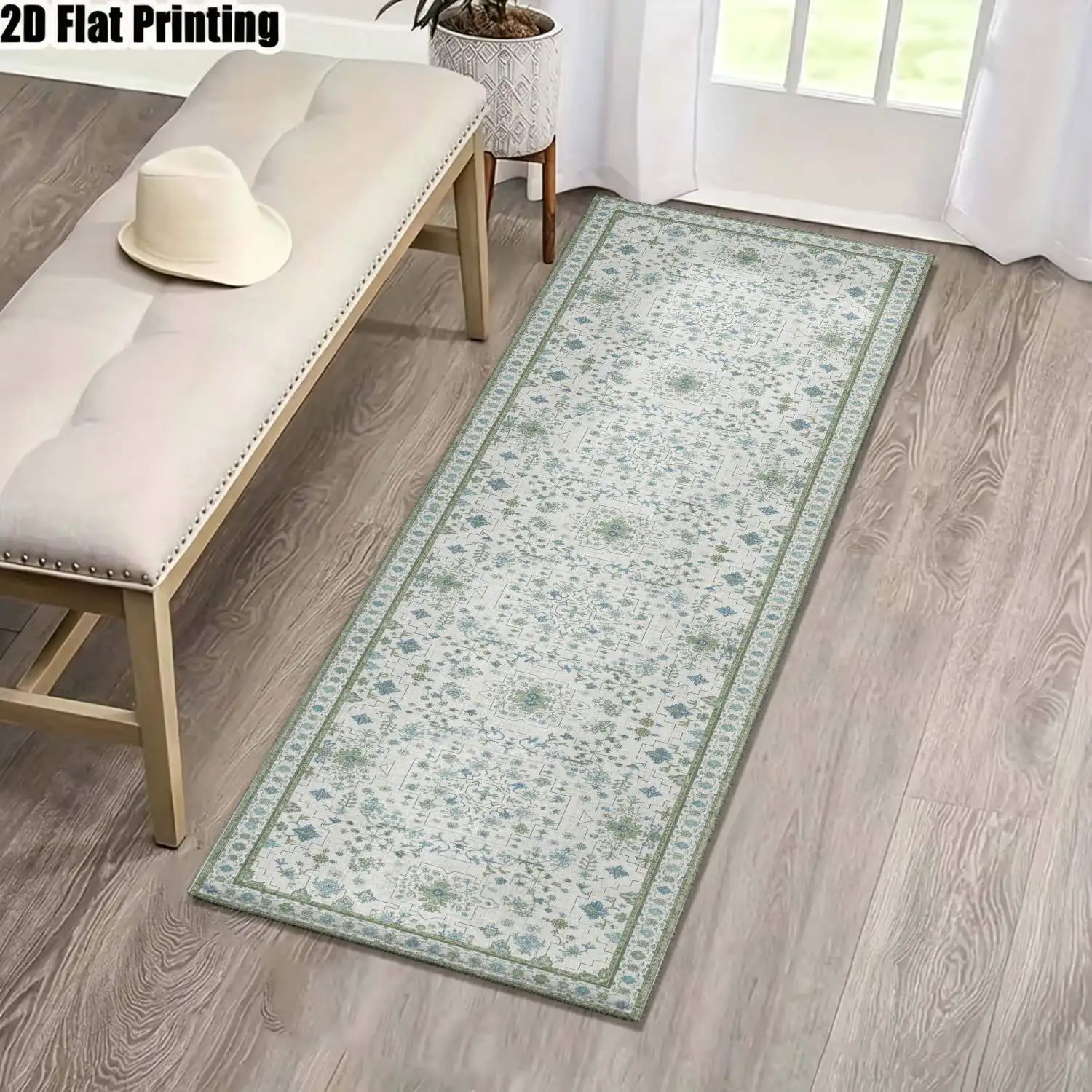 1Pc 2D Printed Long Strip Rug: Blue-Green Geometric Nordic/Instagram/Modern Minimalist/Vintage Striped Design, Machine Washable, Multi-Size, Ideal for Home Decor in Entryway, Hallway, Living Room, Bedroom