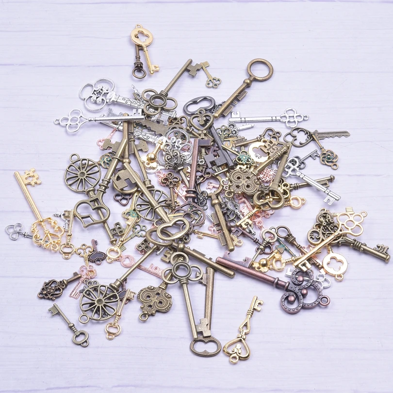 30/50/100PCS/Lot Random Mix Alloy Key Pendant Charms For Jewelry DIY Handmade Accessories Vintage Gold Silver Bronzer Color