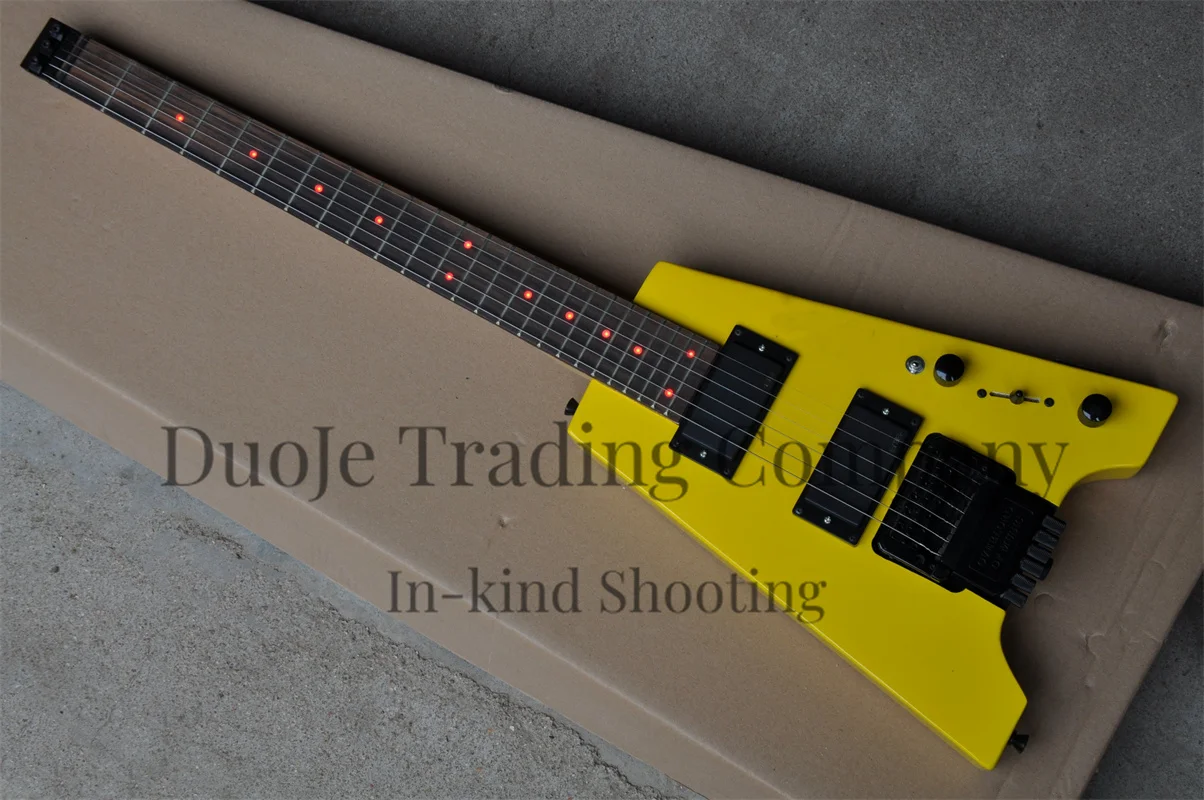 

Headless Guitar Yellow body Rosewood fingerboard Red LED Inlay HH pickup Active batteryMaple neck support custom