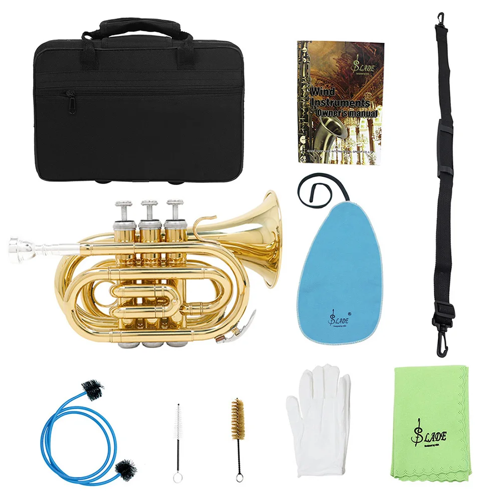 SHUFFLE Mini Pocket Trumpet Bb Tune Brass Body Cornet Brass Instruments with Case Strap Glove Wipe Cloth Mouthpiece Brush Rope