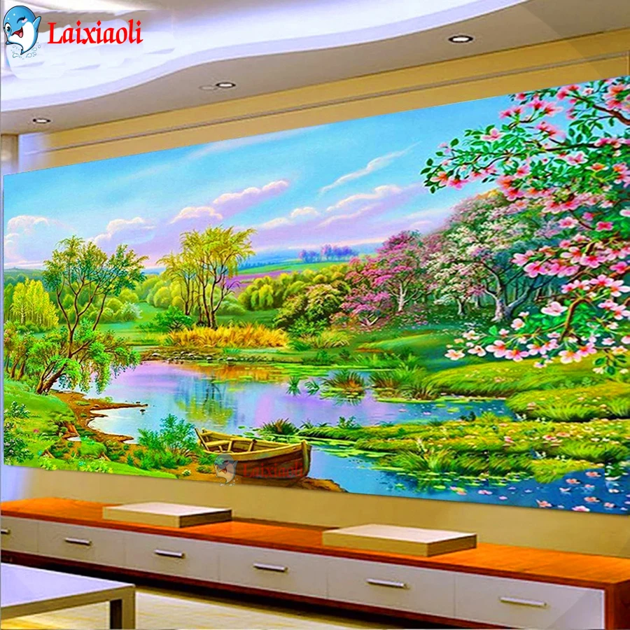 

Spring natural scenery 5d diamond painting cross stitch green trees & flower view full rhinestone embroidery boat big home decor