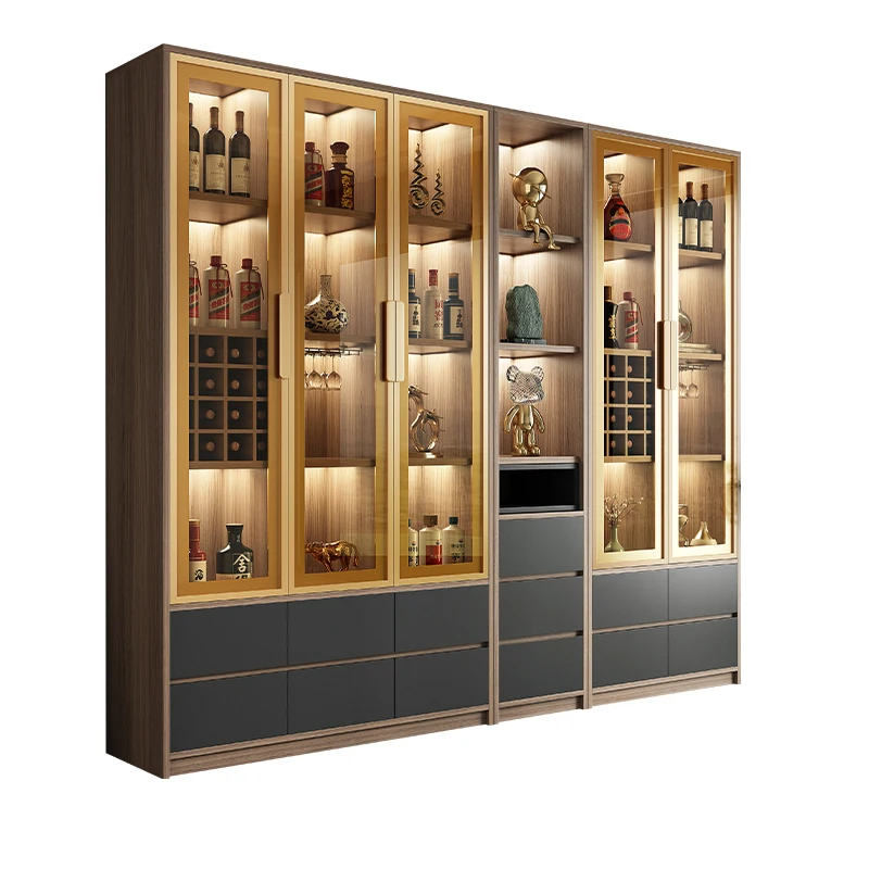 Glass door wine cabinet, living room against wall, light luxury, high-end, simple, modern small solid wood dining cabinet,