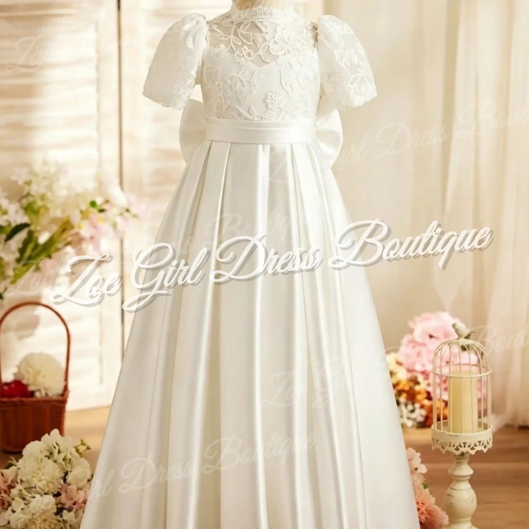 Ivory Satin Floral Lace Flower Girls Dresses Short Sleeve Back Bow Gowns For Wedding Birthday Party First Communion Customized