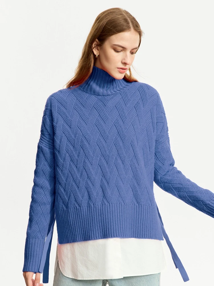 AMII Minimalist 2023ฤดูใบไม้ร่วงฤดูหนาวใหม่ผู้หญิงเสื้อกันหนาวนุ่มคอเต่าหลวมNiche LACE-UpแขนยาวPullovers 12344244