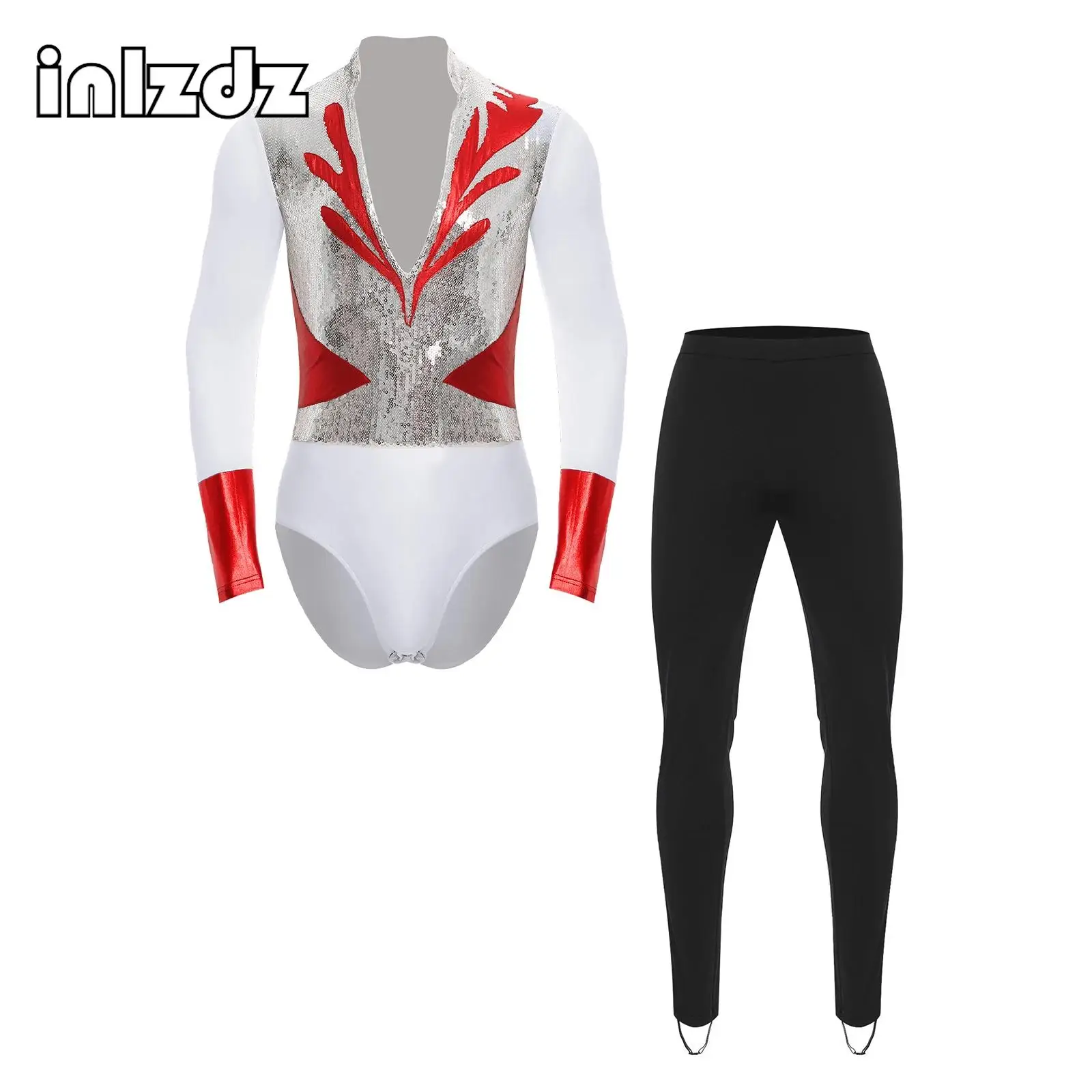 

Men Gymnastics Figure Skating Outfit Sequin Metallic Shiny V Neck Long Sleeve Bodysuit And Long Pants Ballet Latin Dance Clothes