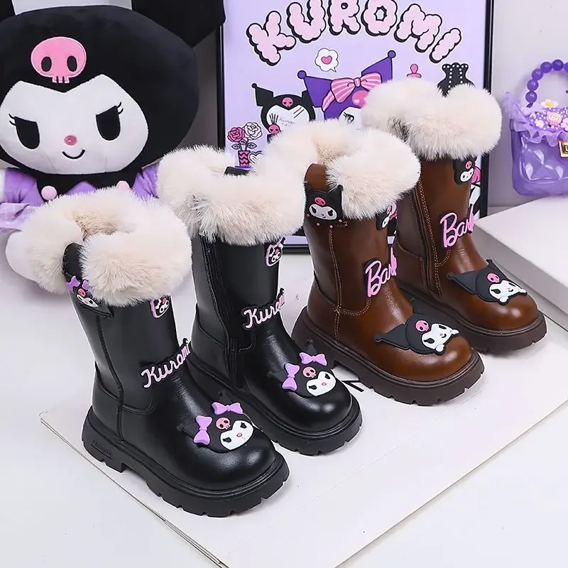 Girly Heart Kawaii MINISO Warm Kuromi Snow Boots Winter Fleece Thickened Cute Cartoon Children Boots Children Gifts for Kids