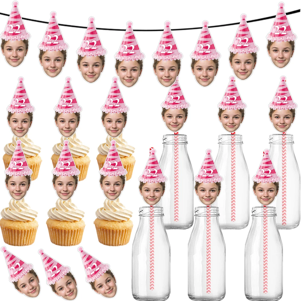 Benutzerdefinierte Geburtstagshut-Muster-Dekorationen zum 18. und 22. und 30. Geburtstag, Banner-Strohhalme, Cupcake-Topper für alles Gute zum Geburtstag, Partyzubehör
