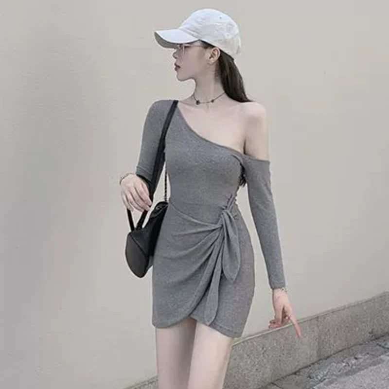 여성 사선 칼라 솔리드 긴팔 미니 드레스 섹시한 짧은 바디콘 스커트 드레스 캐주얼 셔츠 패션 Y2K 의류