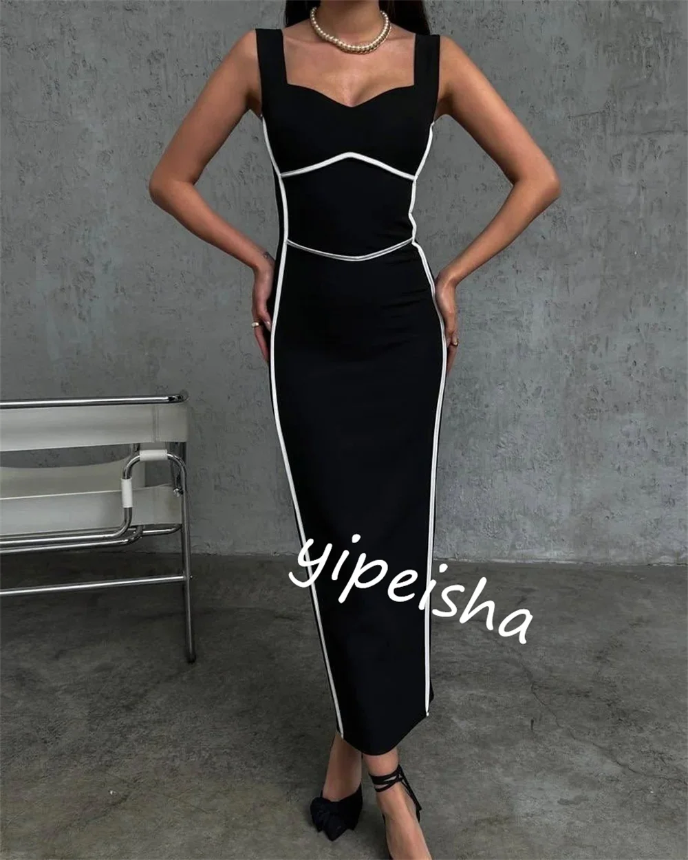  Evening Saudi Arabia Jersey Pattern Party Sheath Square Neck Bespoke Occasion Gown Midi Dresses