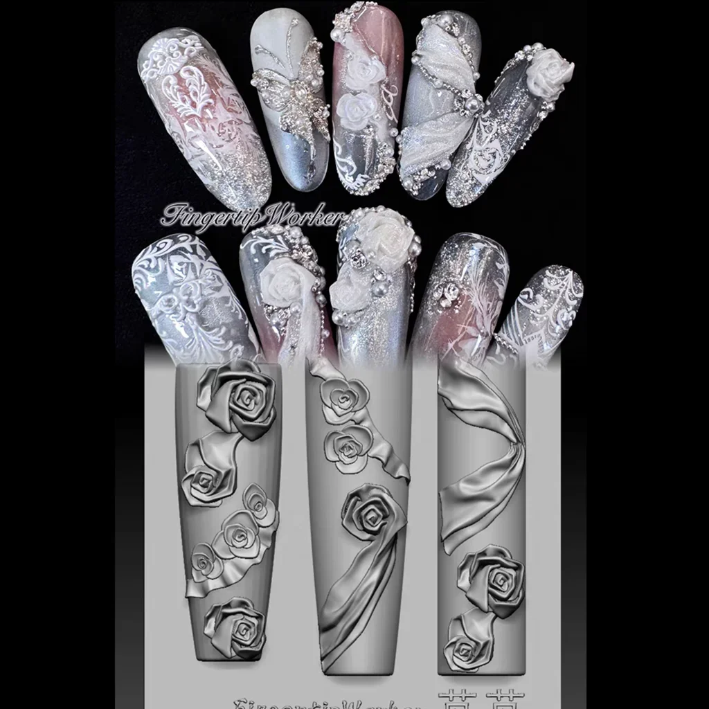 1Pc Silk Lace Rose Baroque Spoon Fork Clock Gear 3D Acrylic Mold Nail Art Decorations DIY Silicone Nail Templates Nail Mold