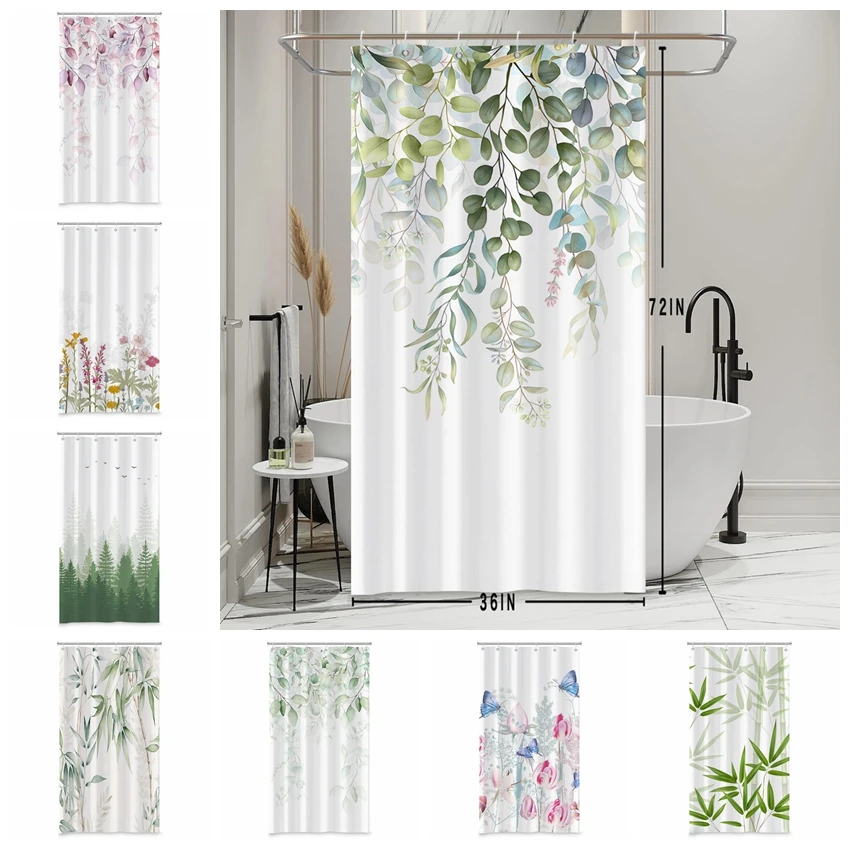 36x72 Inch Half Size Shower Curtains Green Leaves Flowers Bath Curtains Waterproof Shower Curtain Bathroom Decor with Hooks