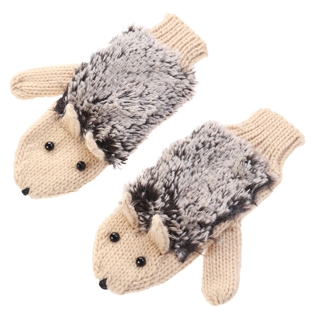 قفازات دافئة الشتاء الكرتون القنفذ نمط محبوك تدفئة المعصم العالمي صالح للنساء الرجال البيج سميكة مضلع الكفة