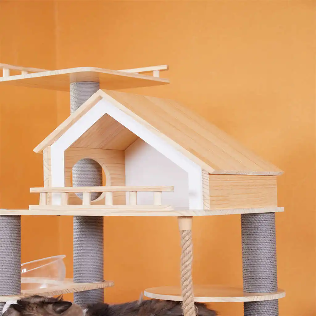 58 Inch Modern Pinewood Wooden Cat Tree With Multi-Level Fun Space Capsule Swing