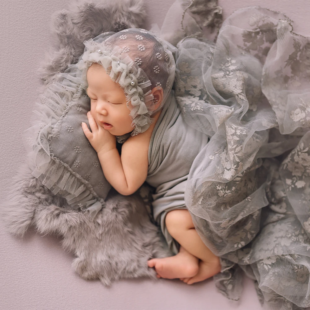 Accessoires de photographie pour bébé, bonnet et oreiller en dentelle ronde, coiffure pour bébés, couverture en fourrure de lapin, accessoires de