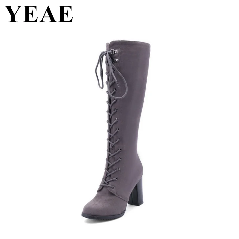 Winter Autumn Lace Up Knee High Boots Women Round Toe Chunky Knight Boots Ladies Cross-tied High Heels Motorcycle Boots 2024