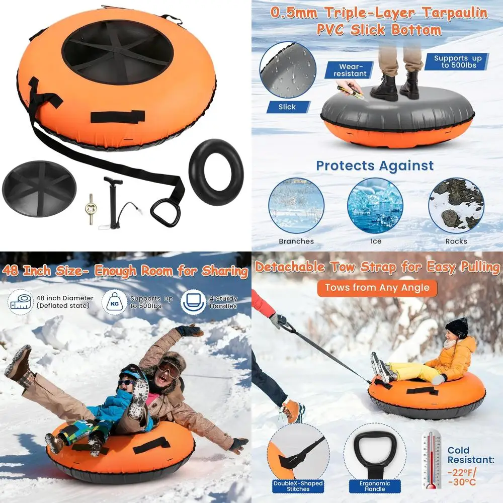 Heavy-Duty 48 Inflatable Snow Tube with Canvas and PVC Slick Bottom for Winter Fun