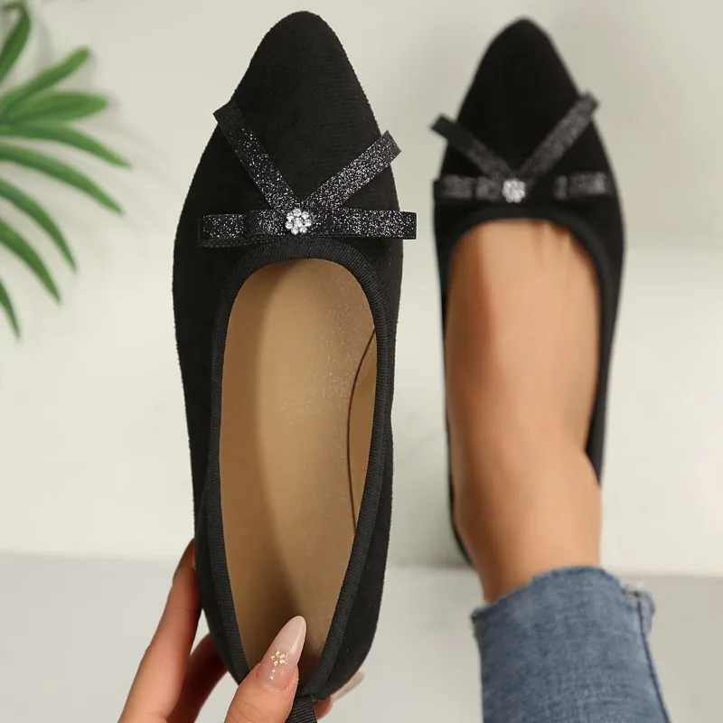 

Женские балетки Crystal Bowtie, дизайнерские велюровые туфли с острым носком, лоферы с бантом из страз, балетки с бантом, большие размеры до 43