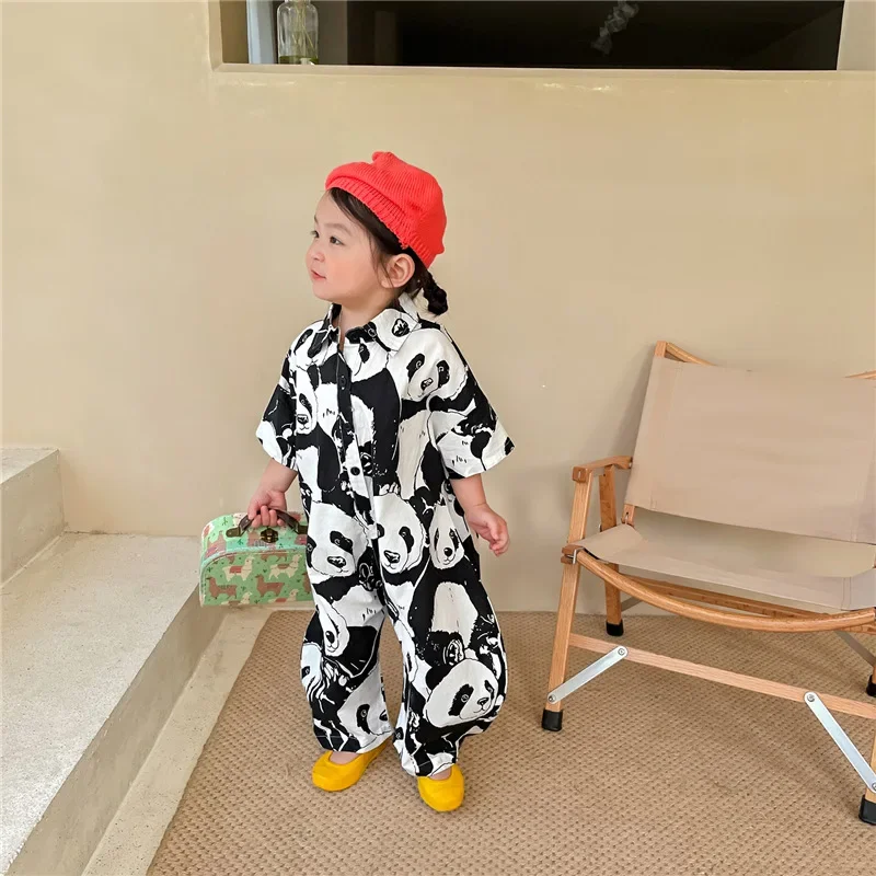 Summer Boys and girls panda print half sleeve jumpsuits Kids turn-down collar ankle length playsuits