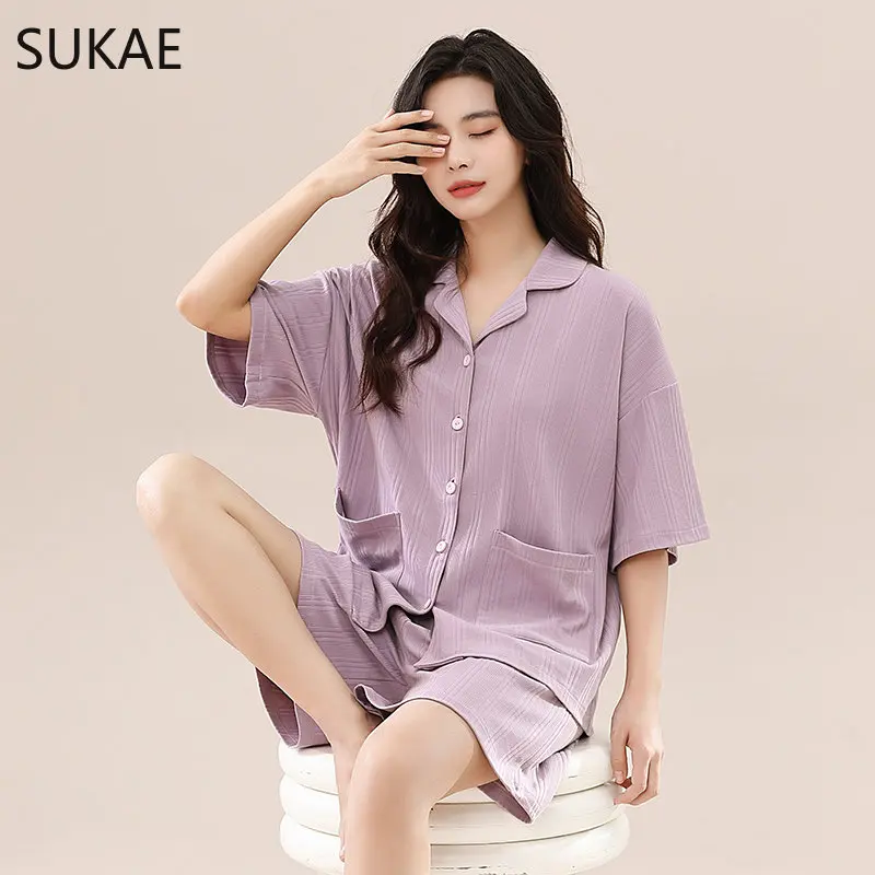 SUKAE Plus ขนาด M-5XL ผู้หญิงชุดนอนกางเกงขาสั้นฤดูร้อน Pijama ผ้าฝ้ายชุดนอนสบายๆชุดนอนคอปกเสื้อ Homesuit