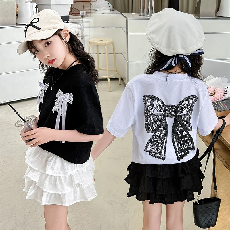 

junior girls skirt clothes sets cotton lace Bow Print T-shirt tiered skirt 2pcs youth kids suit child Top Princess outfits 12 13