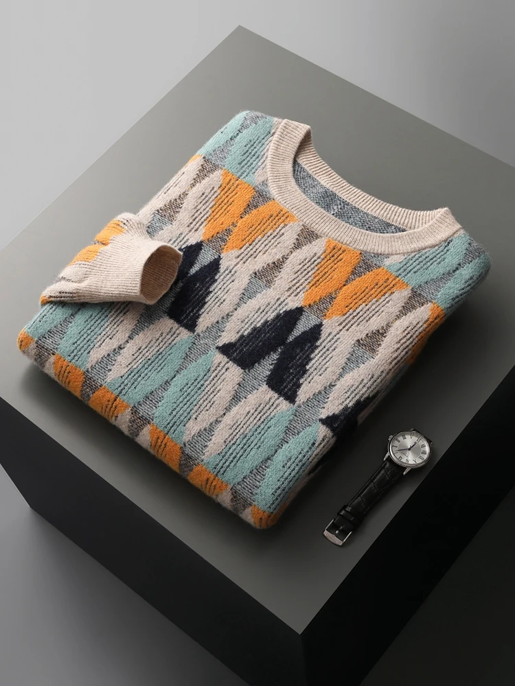 New Chic Men 100% Wool Sweater Long Sleeve Cashmere Pullover Autumn Winter Vintage Soft Warm Knitwear O-Neck Casual Jumpers