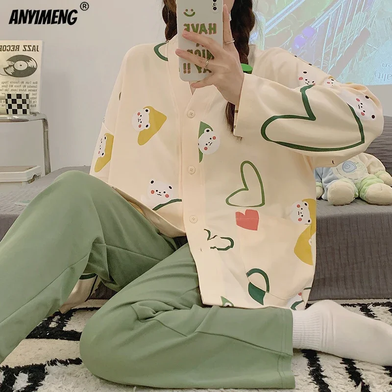 Korean New Faux Cotton Spring Autumn Kimono Women Pajamas Long Sleeves Woman Sleepwear Home Suit Cute Bear Print Pijamas