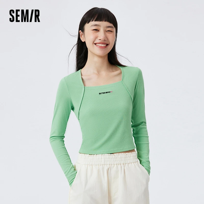 Semir T เสื้อผู้หญิงถักเสื้อด้านล่างสแควร์คอนุ่ม Comfort ภายในการจับคู่บ้าน Comfort สามารถ Sweet Top