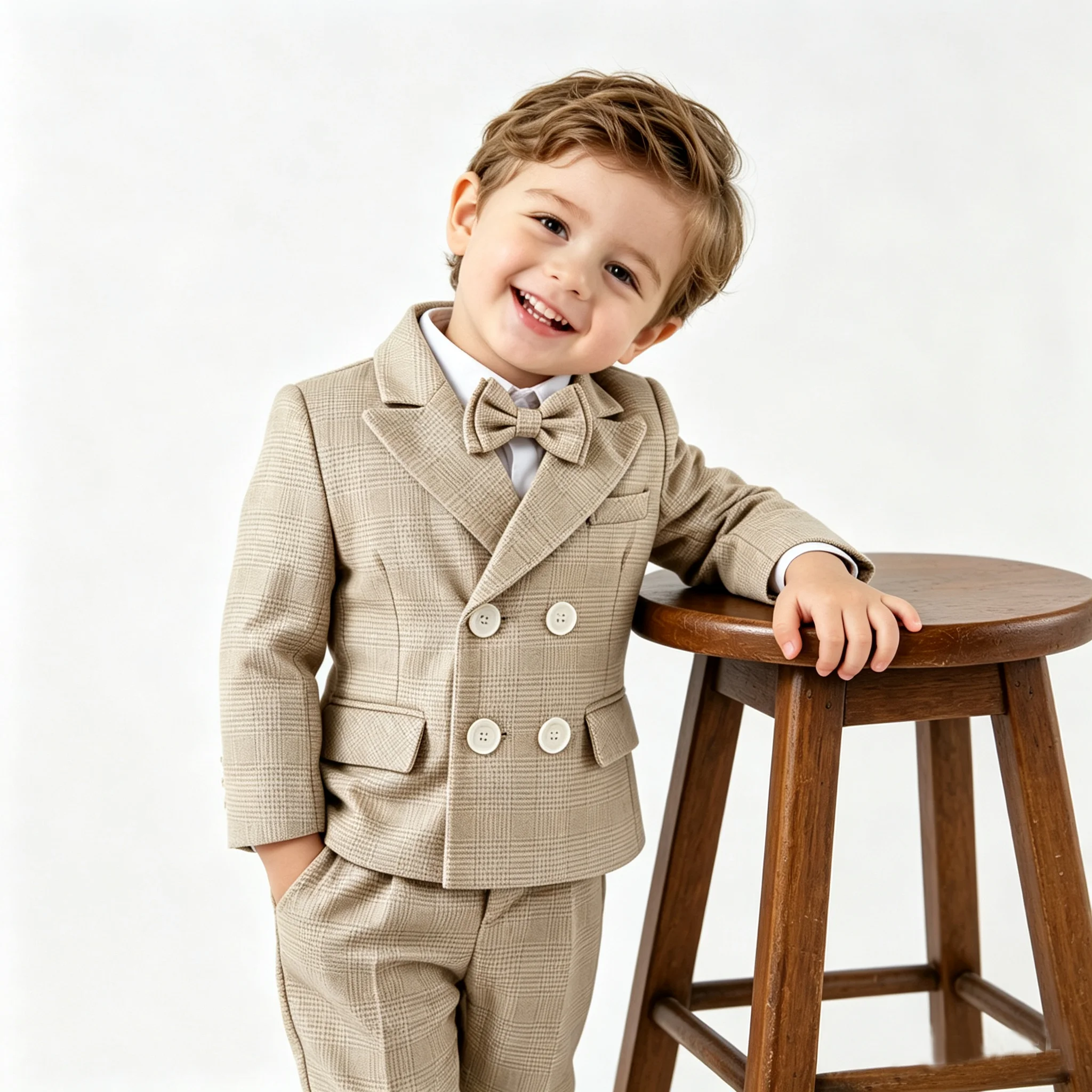 Traje Formal de 4 Piezas para Niño, Color Caqui a Cuadros, Blazer Cruzado, Pantalones Cortos con Tirantes, Corbata de Moño, para Boda, Bautizo, Cumpleaños, Estilo Caballero