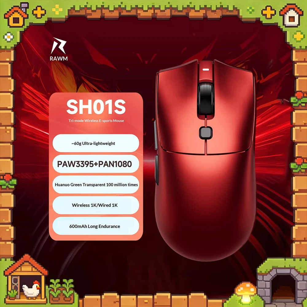 RAWM SH01S Wireless Gaming Mouse Three Modes 8KHZ PAN1080 60g Lightweight PAW3395 Enduring Endurance Pc Accessories Gifts