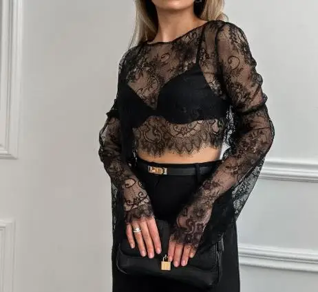

2025 Spring/summer Sexy Black Perspective Brocade Lace Long Sleeve Loose Casual Round Neck High Waist Skirt Set for Women