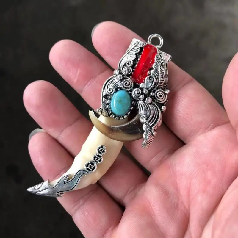China Cloisonne Tibetan Silver Wild Boar Tusks Teeth Taxidermy Amulet tatue
