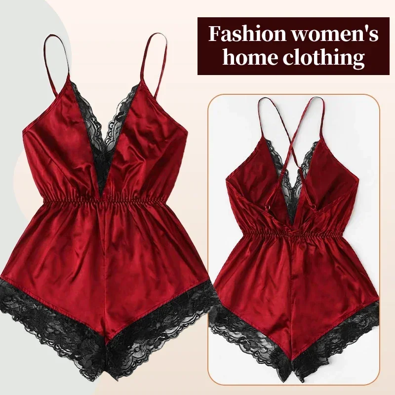 New Sexy Fashion Women Lace Splice Trim Backless Bow Shorts V-Neck Bodysuit Women Sleep Wear Set Feminine Suspender Pajamas