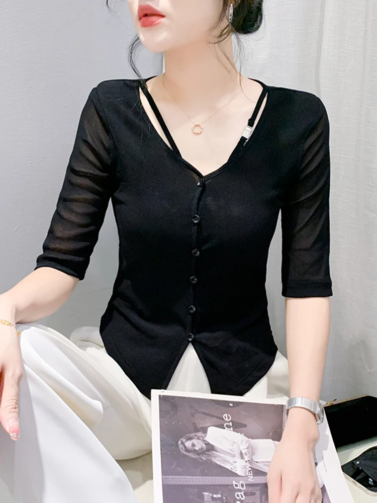 Bla Me Camiseta feminina verão sexy profundo V-ne apertado assimétrico fenda cinco quartos Sve Street Sle Slim Fit T-irt