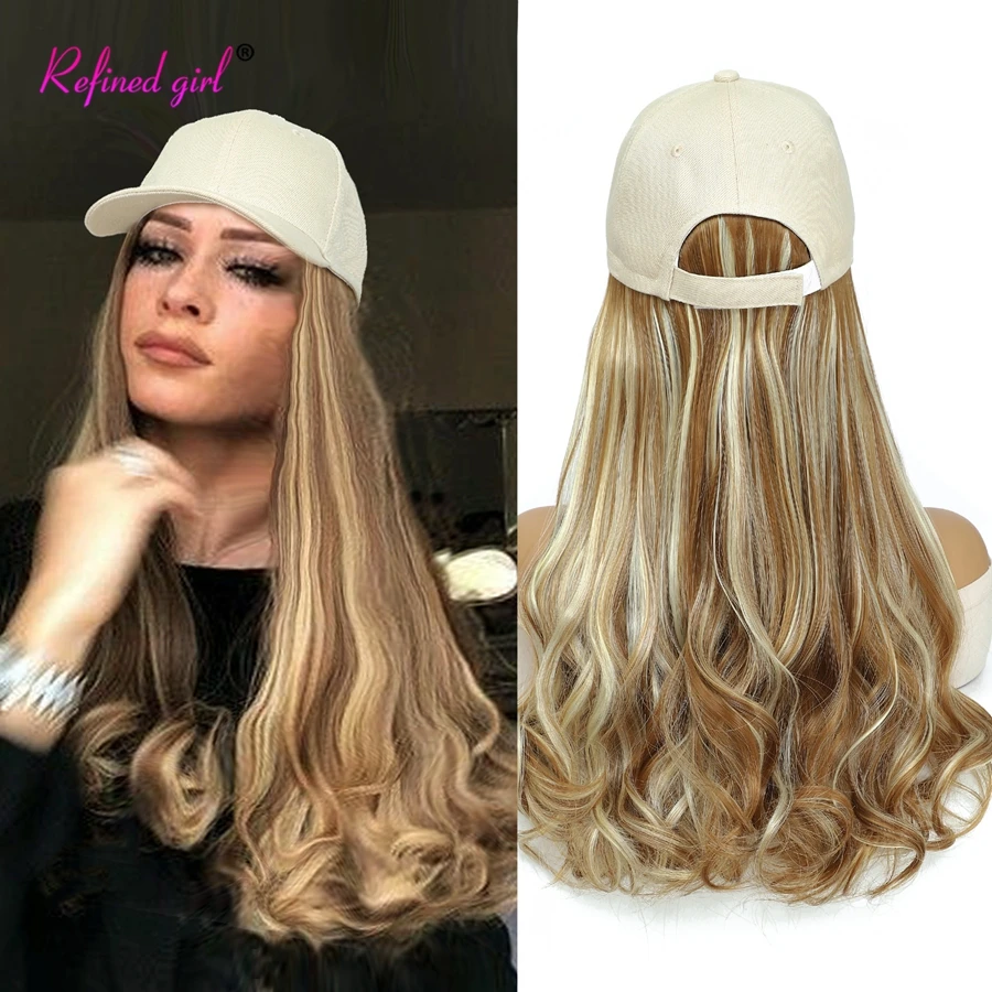 

Synthetic Hat Wigs Baseball Cap Wig Adjustable Hat with wavy ends Hair extensions Attached for woman girls mix brown off white