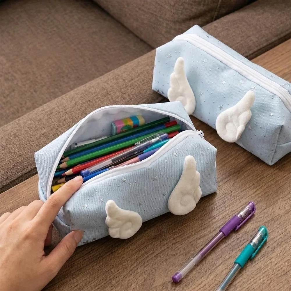 Multifunctional Star Print Pencil Case With Wings Decor Large Capacity Pencil Pouch Stationery Organizer Students