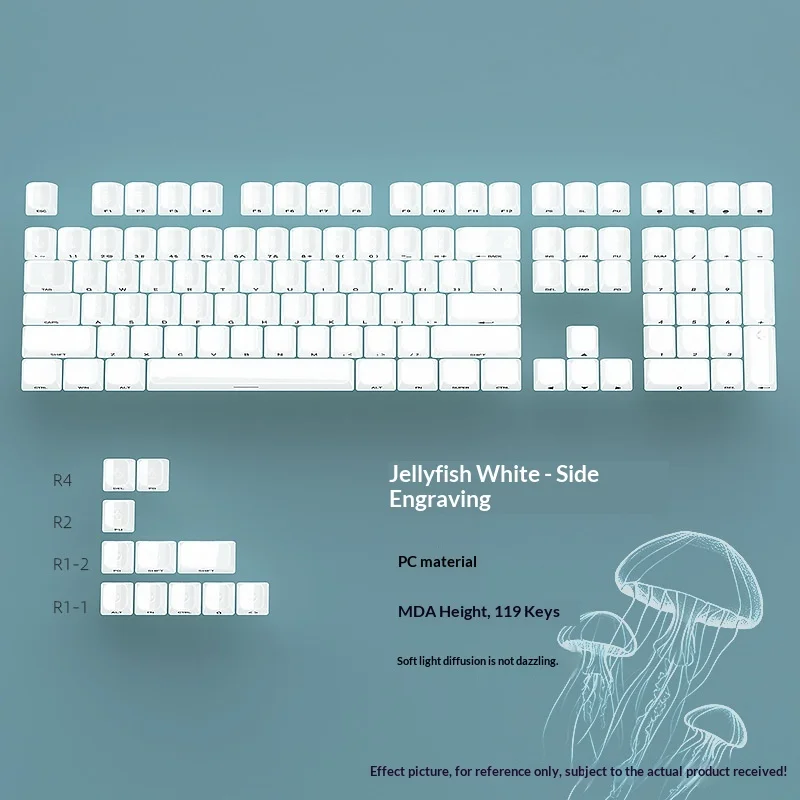 White key cap MDA height small full set 119 key side engraved characters PC semi transparent luminous