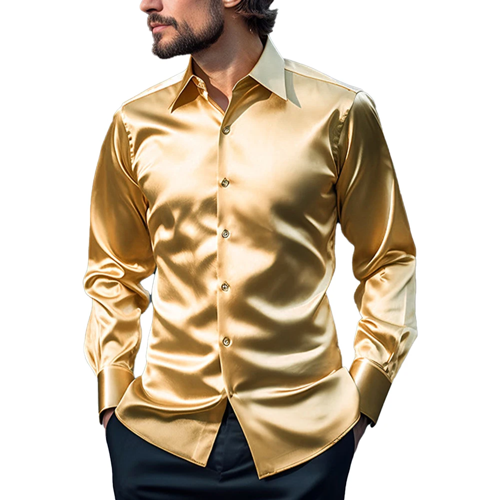 Sexy Men\'s Satin Silk Shirts And Blouses Solid Color Slim Fit Party Long Sleeve Social Shirt Man Clothing