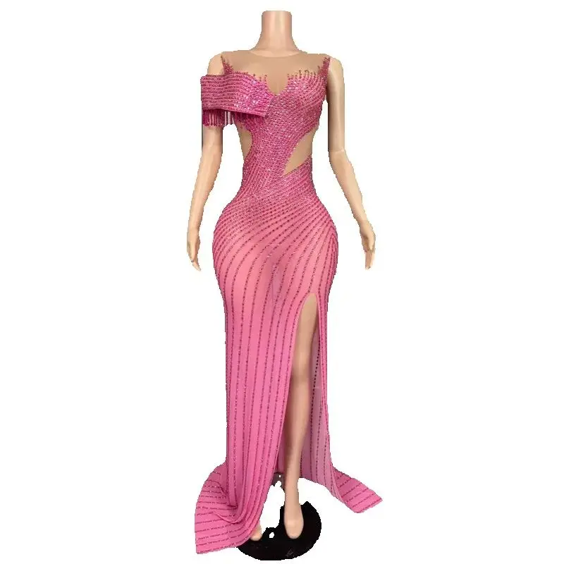 Traje de Festival de Bar y Club nocturno para mujer, vestidos de noche rosas con diamantes de imitación, disfraces de pasarela para escenario, traje de fiesta y Festival XS10230