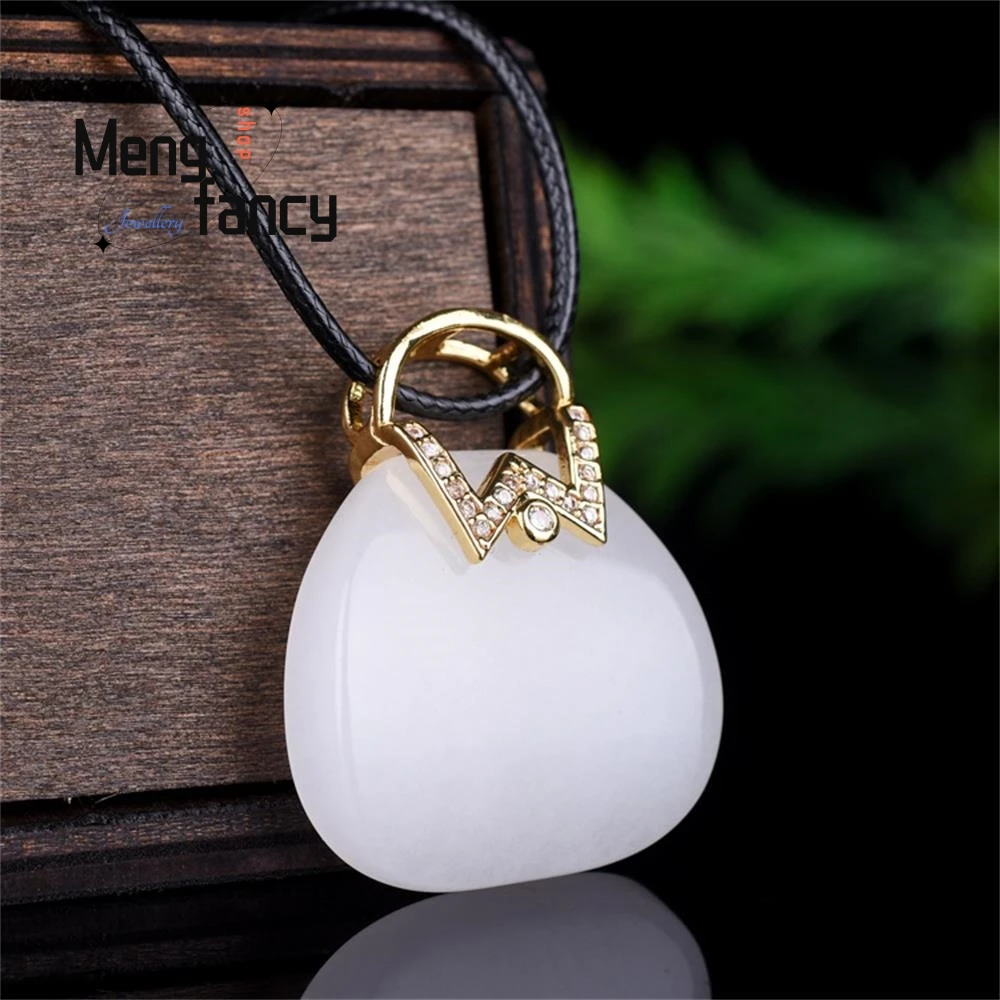 Natural Hetian White Jade Handbag Blessing Pendant Charms Fashion Retro Men Women Couple Jewelry Luxury Designer Holiday Gifts