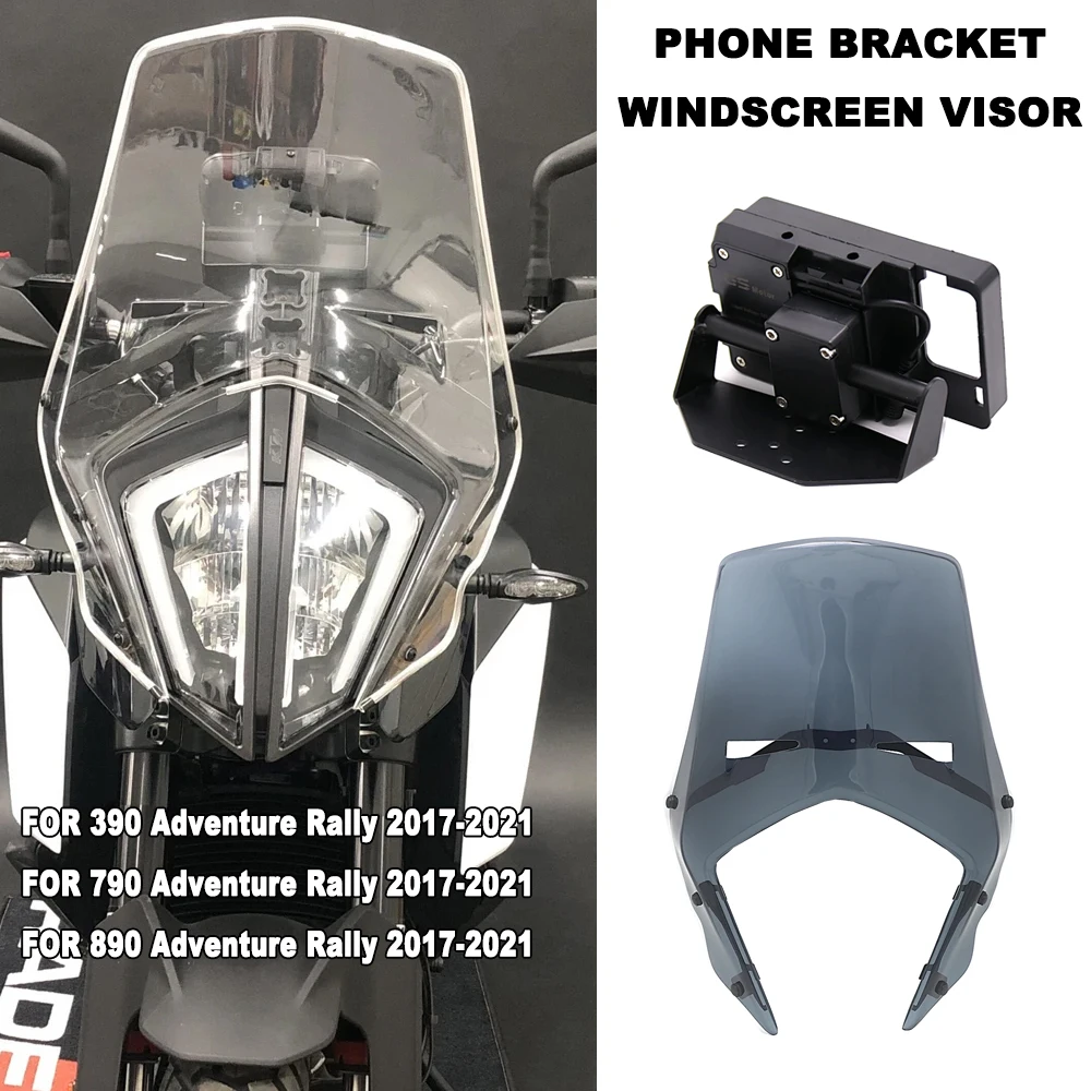 

For 390 790 890 ADV Adventure Rally 2017-2021 Motorcycle Rally Windshield Windscreen Visor Viser USB Charger Navigation Bracket