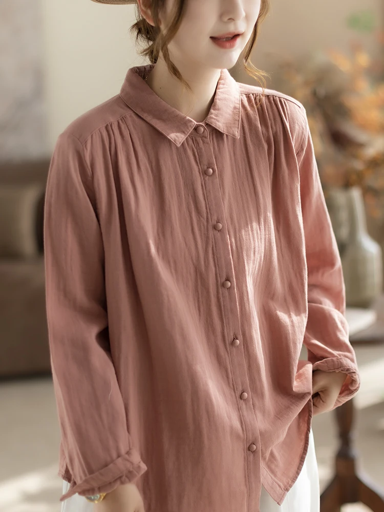 

Cyu 00% Cotton Casual Loose Women's irt Breathable Comfortable Flip-Collar Long Sve Open Cardigan Sle Spring Faion