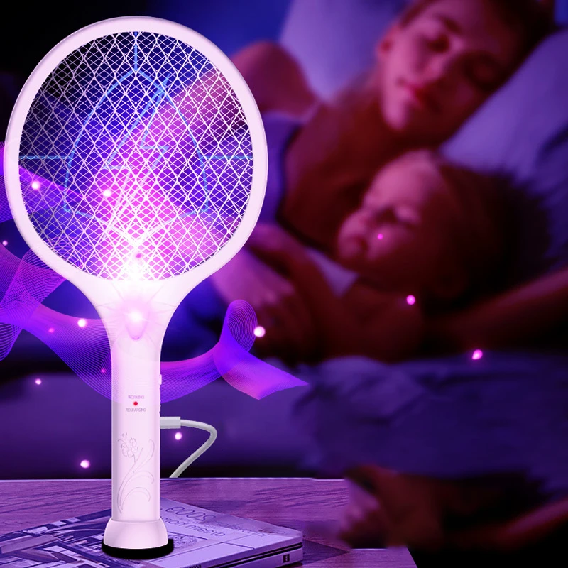 Mini raqueta eléctrica con patrón recargable para el hogar, Control de moscas y mosquitos 2 en 1, trampa automática para mosquitos, Control de moscas