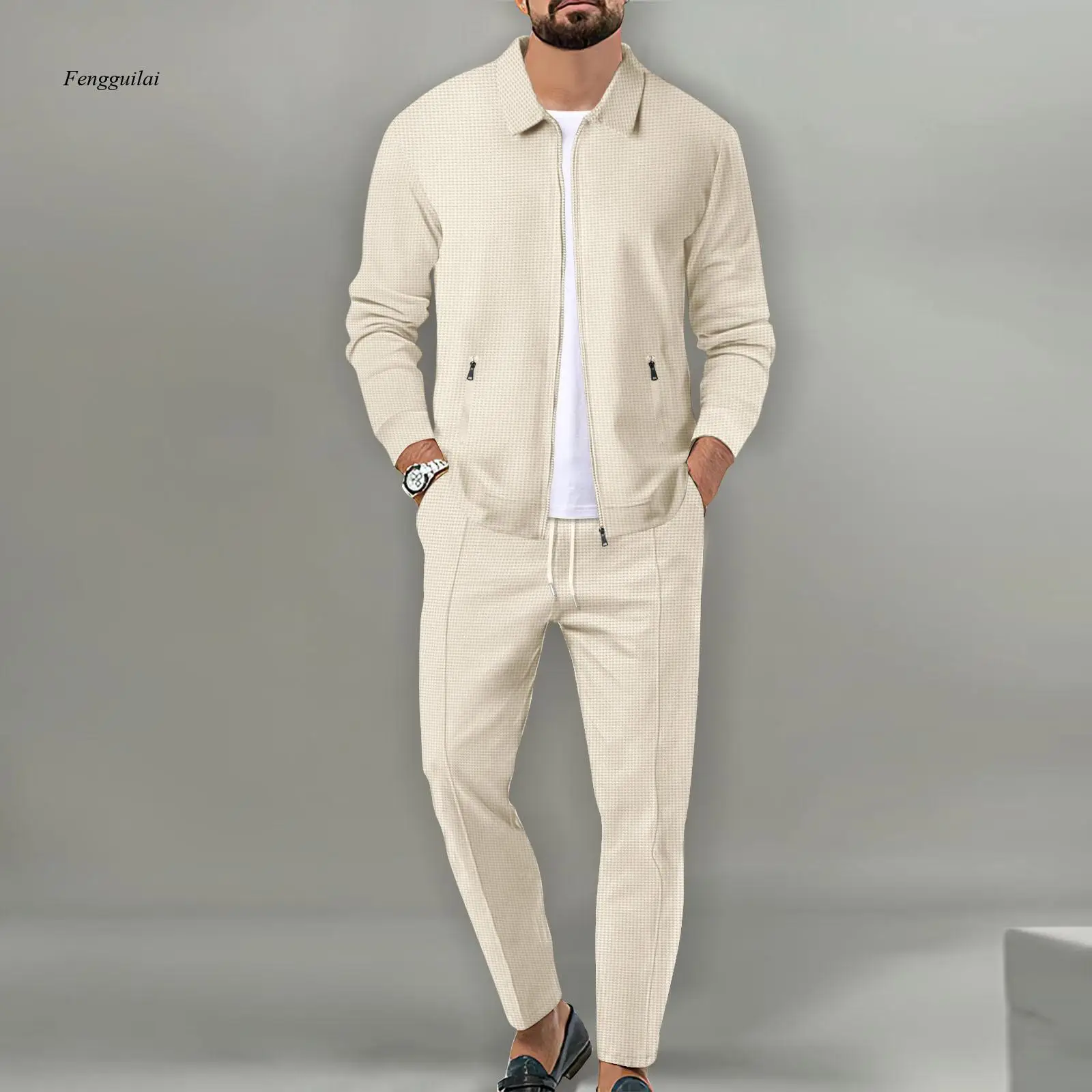 

Men's 2 Piece Tracksuit Set Waffle Knit Zip Up Jacket and Pants Casual Athletic Sweatsuit for Workout Streetwear Multiple Colors