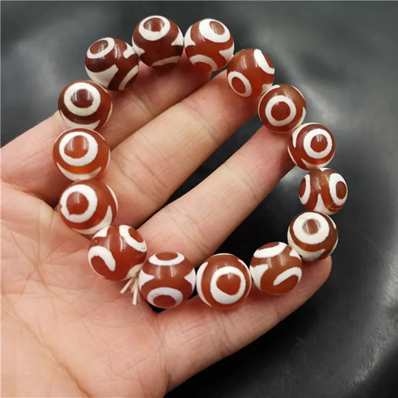 New 14Mm Red And White Round Three-Eyed Dzi Bead Agate Bracelet