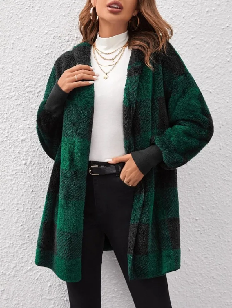 Women Autumn Winter Fleece Plaid Cardigan Soft Long Sleeve Plush Warm Long Hooded Jacket Female Patchwork Hoodie Outerwear Coat
