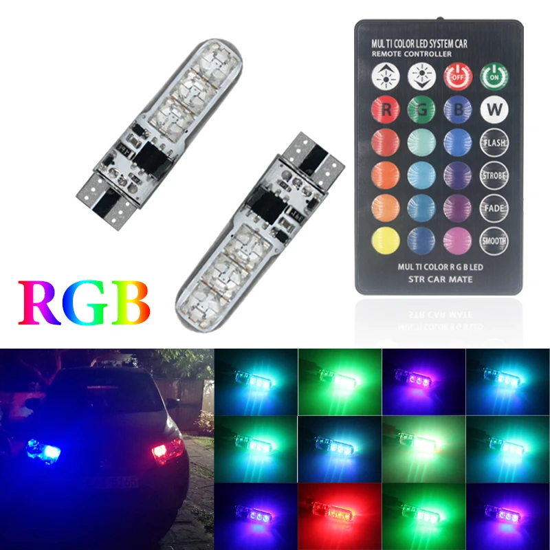 1 Zestaw T10 W5W RGB LED 5050 6SMD Lampki do czytania, oświetlenie wnętrza, sterowane pilotem, lampki pozycyjne, klinowe, kolorowe RGB, lampki do bagażnika, oświetlenie tablicy rejestracyjnej