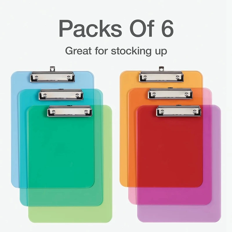 Pranchetas de plástico com armazenamento, Metal Clip com cantos, 12.5 "X 9", 6 Pack
